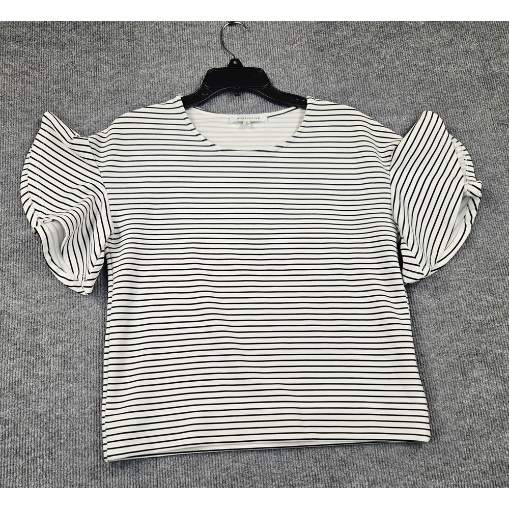 Rose + Olive Womens Striped Ruffle Flutter Sleeve Top White Black Medium M